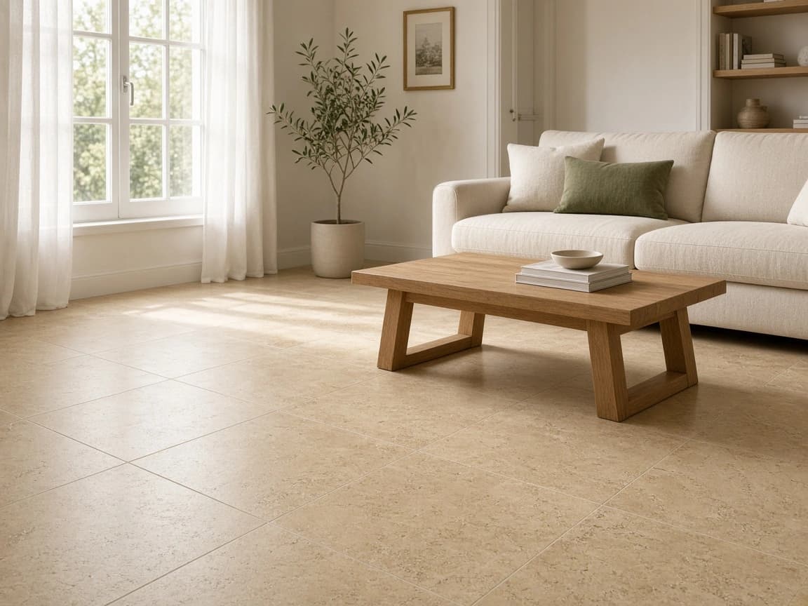 Carrelage grand format effet pierre dans un séjour des Yvelines