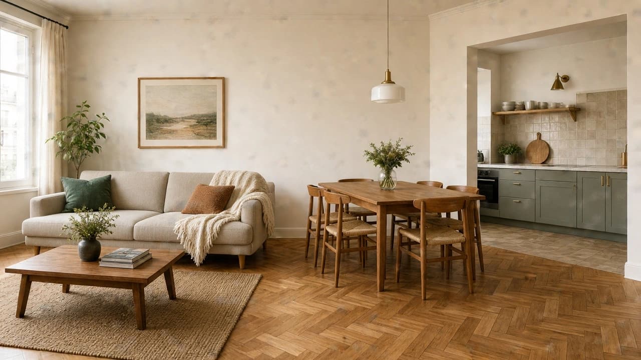 Intérieur rénové avec parquet et cuisine ouverte dans les Yvelines