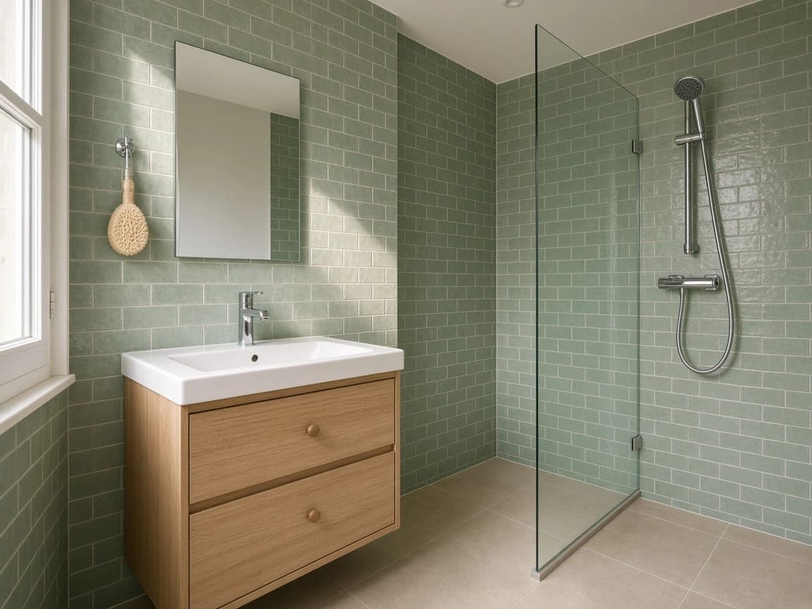 Salle de bains contemporaine avec faïence vert sauge