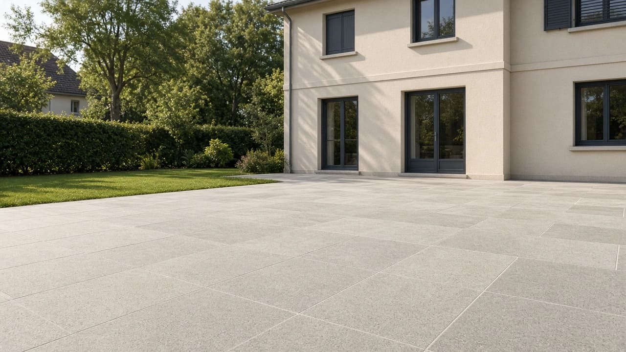 Terrasse en dallage devant une maison dans les Yvelines