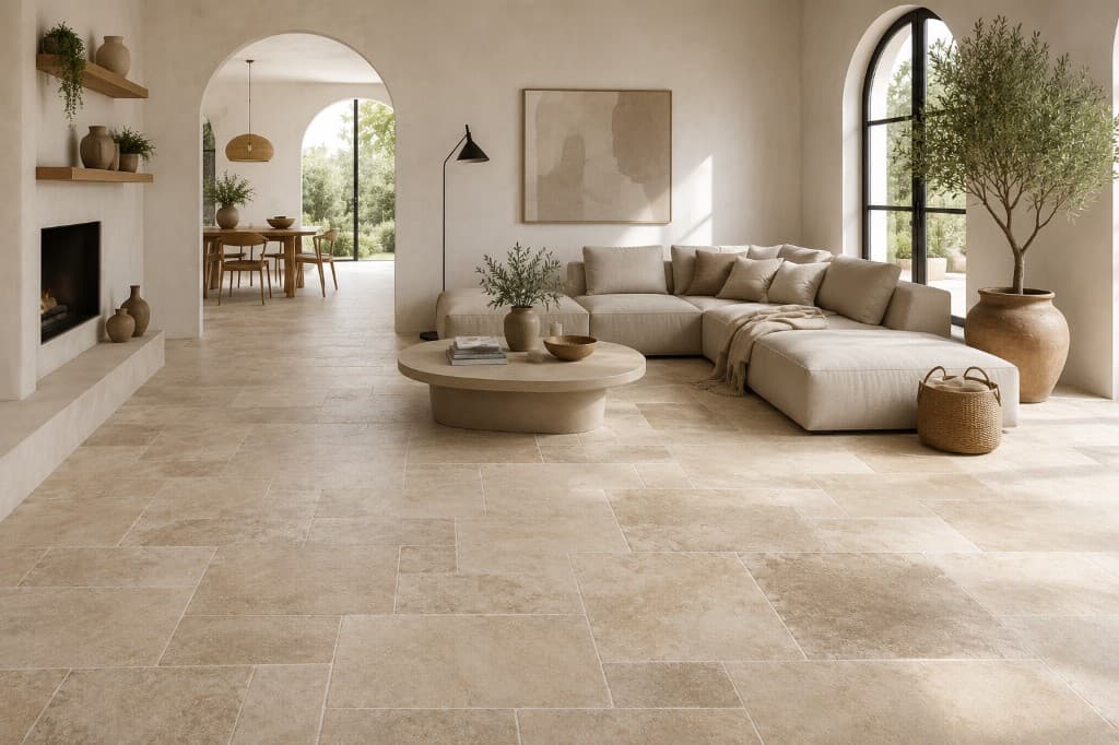 Salon contemporain avec carrelage effet travertin