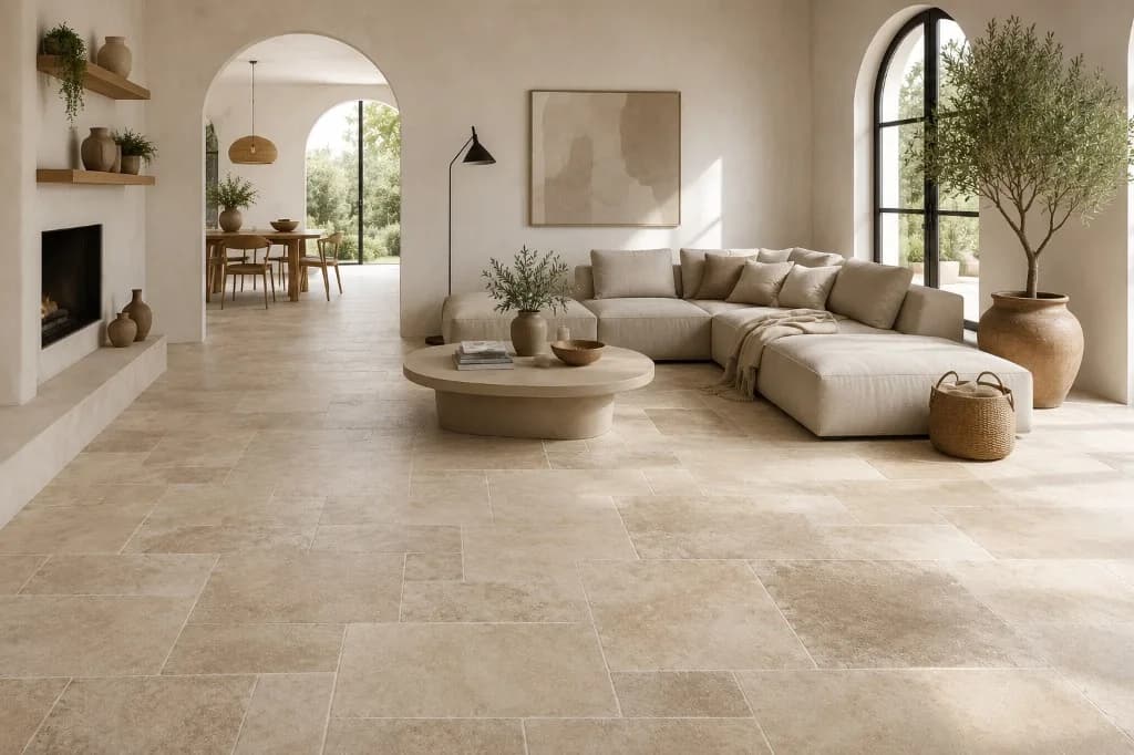 Salon contemporain avec carrelage effet travertin