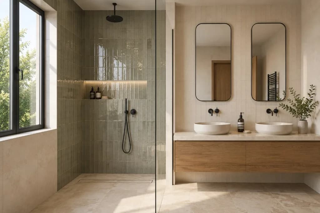 Faïence moderne dans une salle de bains avec douche et double vasque