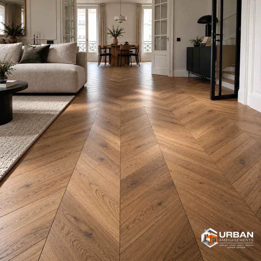 Parquet massif en point de Hongrie dans un intérieur contemporain