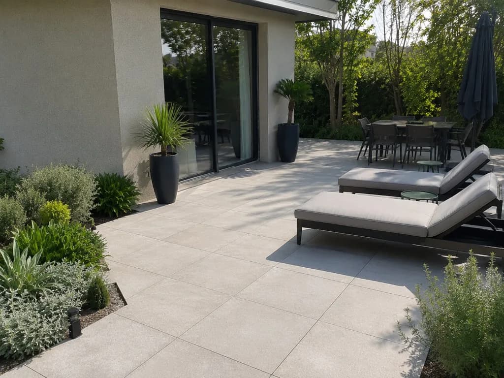 Terrasse carrelée en dalles extérieures devant une maison