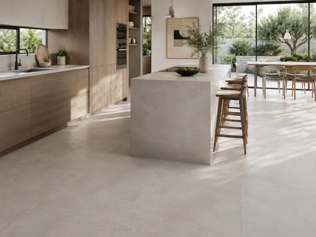 Carrelage effet béton grand format dans une cuisine contemporaine