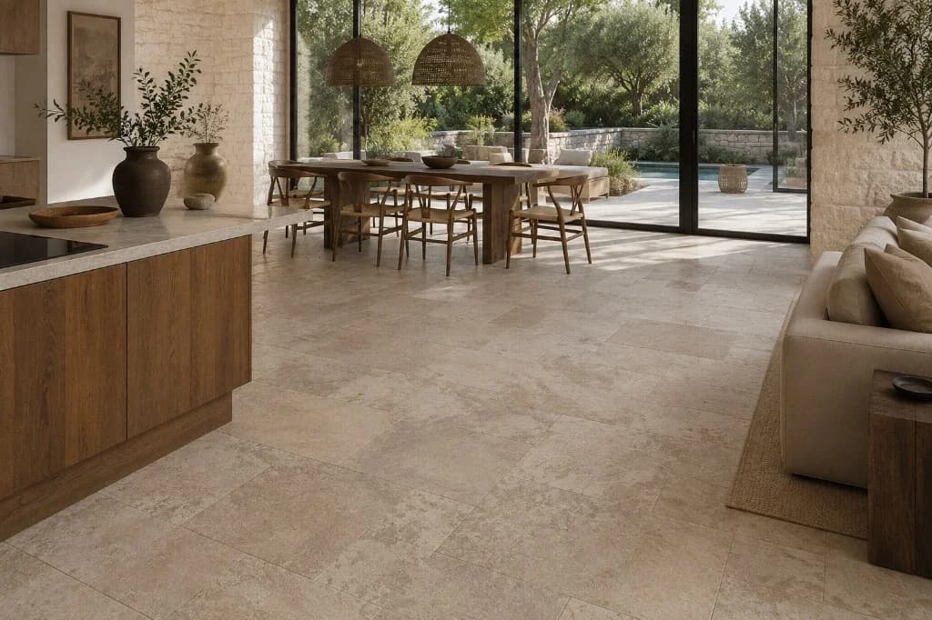 Carrelage effet pierre dans un intérieur contemporain avec cuisine et terrasse