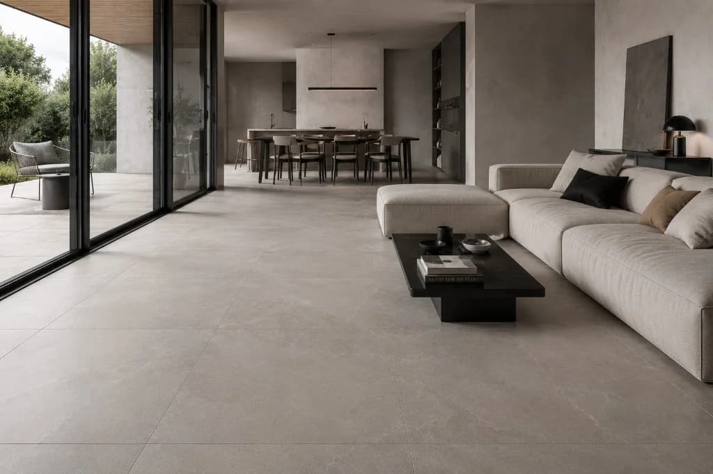 Carrelage grand format dans un intérieur contemporain avec salon et grandes baies vitrées